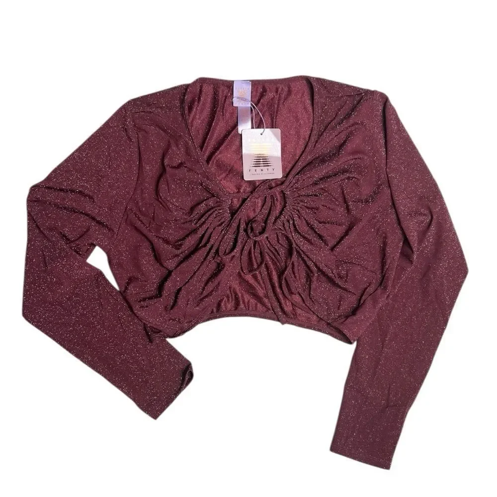 Savage X Fenty Sleep & Shine Glitter Long Sleeve Crop Tee Red Cocoa Size 1X NWT